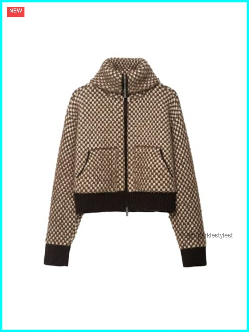 Fuzzy Checkered Cardigan Long Sleeve Zip Up High Neck Plaid Crop